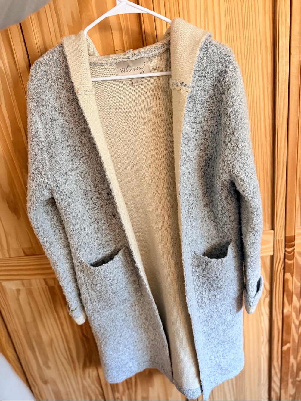 Hooded Bouclé Open-Front Sweater Coat in Light Gray and Cream